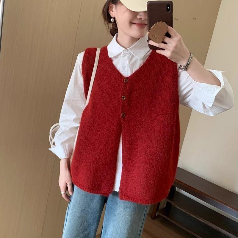 

Korean Retro Sleeveless Sweater Vest Women Oversized Layering Knit Waistcoat Autumn Winter Fashion One Size червоний