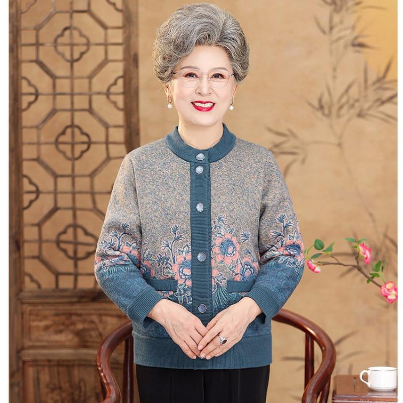 Autumn and winter round neck printed fleece thickened knitted cardigan women's loose casual jacket old and new mother outfit