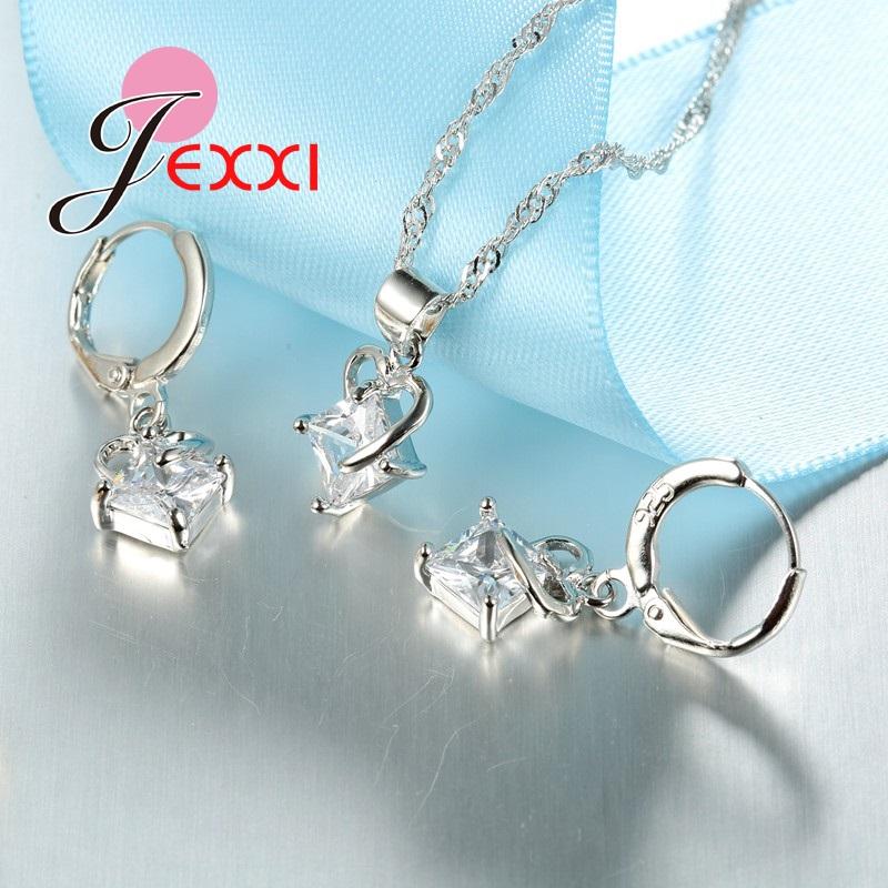 Fast Shipping Top Quality Women 925 Sterling Silver Bridal Romantic Heart Square Crystal Pendant Necklace Earrings Jewelry Set
