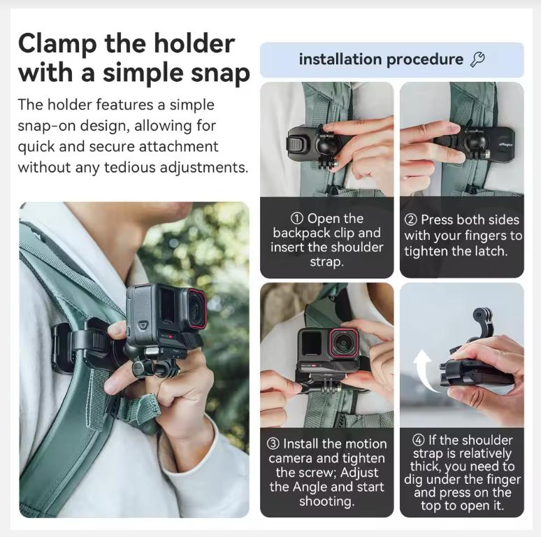 AMAGISN Backpack Clip 360 Rotation Gimbal Strap Clamp Holder Mount For Insta360 X4 Ace Pro GoPro Hero 13 12 11 10 9 Accessories