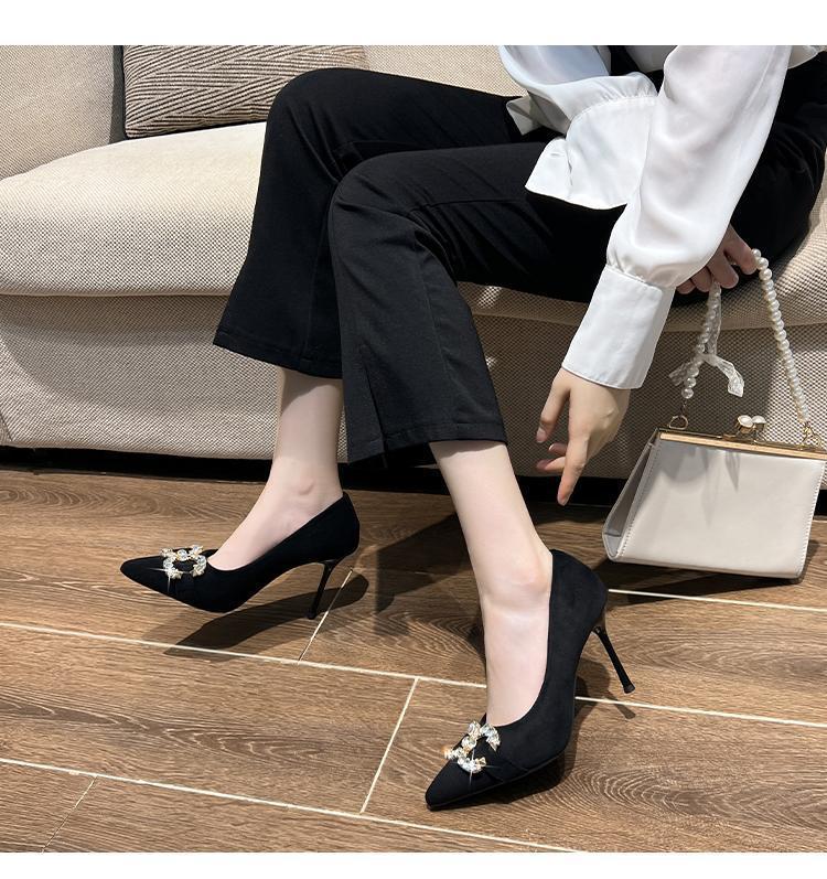 Rhinestone suede black high heels women's stiletto 2025 spring new French pointed buckle banquet dress single shoes