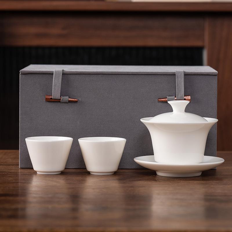 Hover Cover Bowl Suet Jade Porcelain White Porcelain High-end Three Talents Brewing Tea Bowl One Pot Two Cups Gift Box Light Luxury Boutique Tea Set