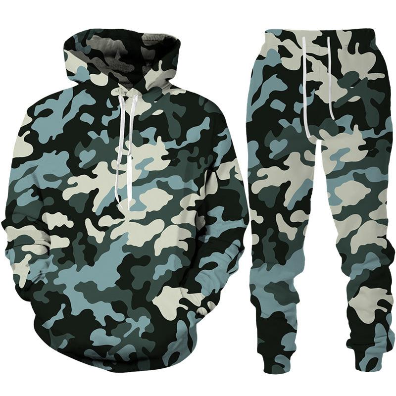 Nuovo Completo Tuta con Cappuccio e Pantaloni da Uomo Camouflage Stampa Felpe con Cappuccio Tute Sportive Casual Abbigliamento alla Moda da Uomo Set da 2pz