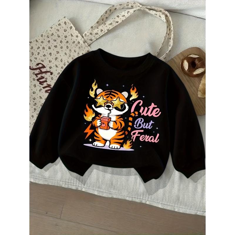 Cute And Wild Patterned Print Girl'S Round Neck Sweatshirt - Casual Creative Design, Stretchy Fabric