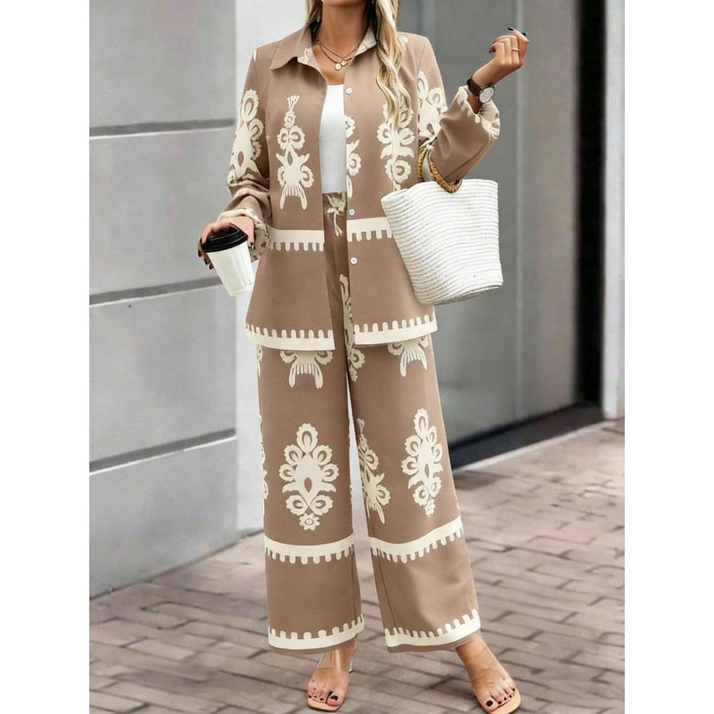 Women's Loose Fit Two Piece Outfit Long Sleeve Printed Shirt Elastic Waist Wide Leg Pants Set