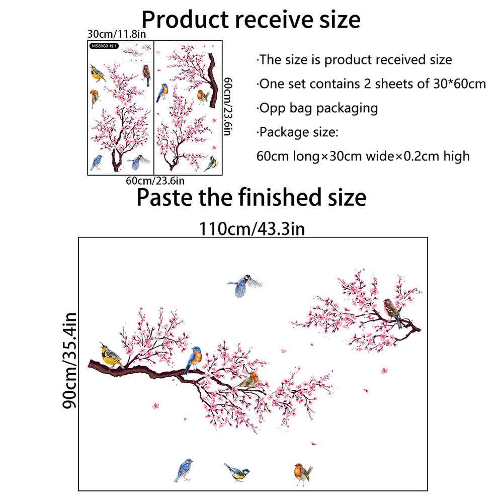 Pink Peach Blossom Flowers Branch Birds Floral Wall Stickers for Bedroom Living Room Furniture Background Wall Decals Murals PVC