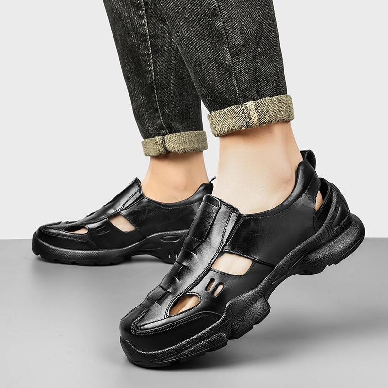 Summer Mens Genuine Leather Slip-On Sandals Breathable Outdoor Casual Shoes Non-Slip Lightweight Walking Loafer Driving Moccasin