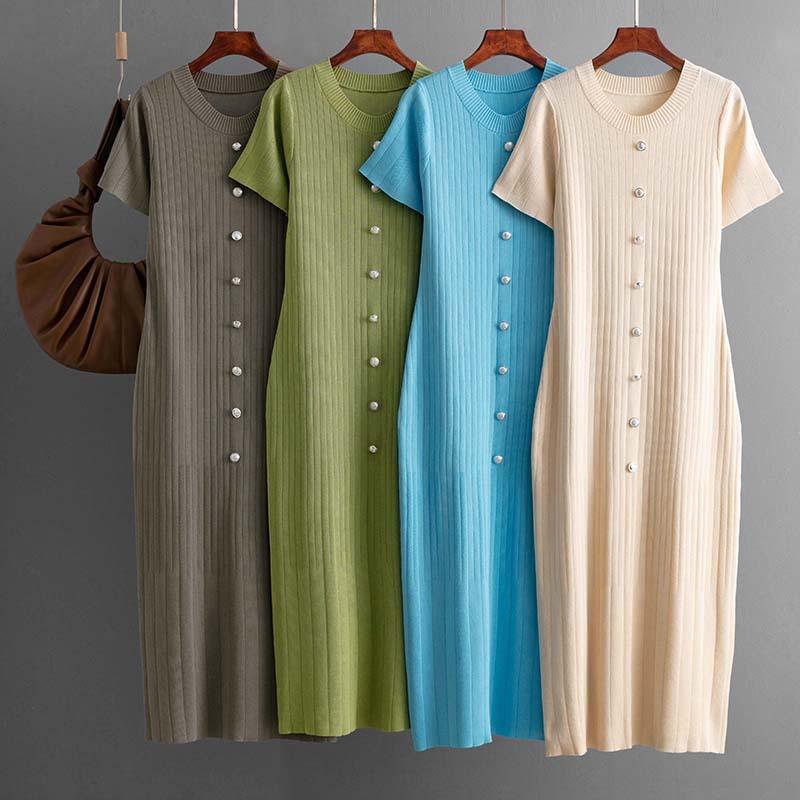 Fashionable Single Breasted Round Neck Knitted Long Dress Summer Hip Hugging And Slimming Knitted Dress