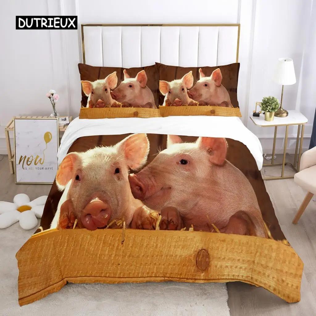 Sada povlečení na peřinu s motivem prasátka z mikrovlákna velikosti Queen, roztomilé prasátko, zvířecí motiv, sada pro dva, farmářská zvířata, 23dílná, povlečení na peřinu pro chlapce a dívky