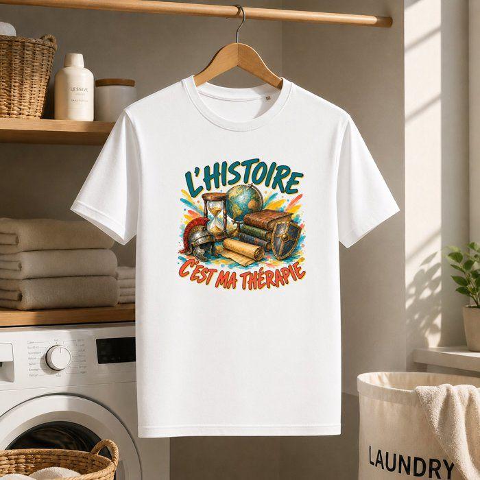 T-shirt Homme Blanc L’Histoire c’est ma thérapie | Coton Ringspun 185 g/m² Col Bord Côte Taille 3XL | Tee Shirt Manches Courtes