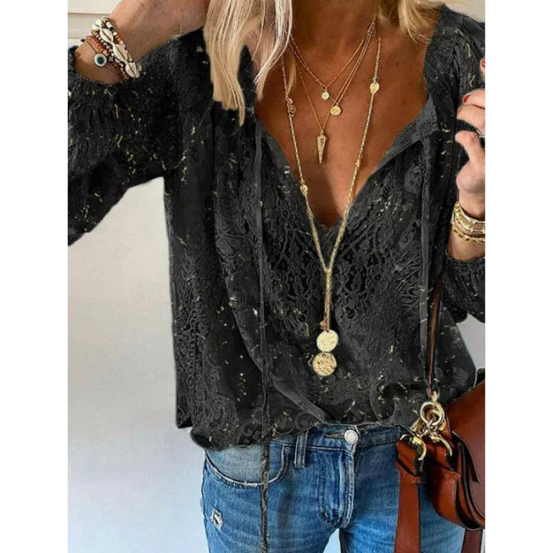 women's Lace Patchwork V Neck Long Sleeve Blouse Loose Fit Casual Commuter Top Shirt