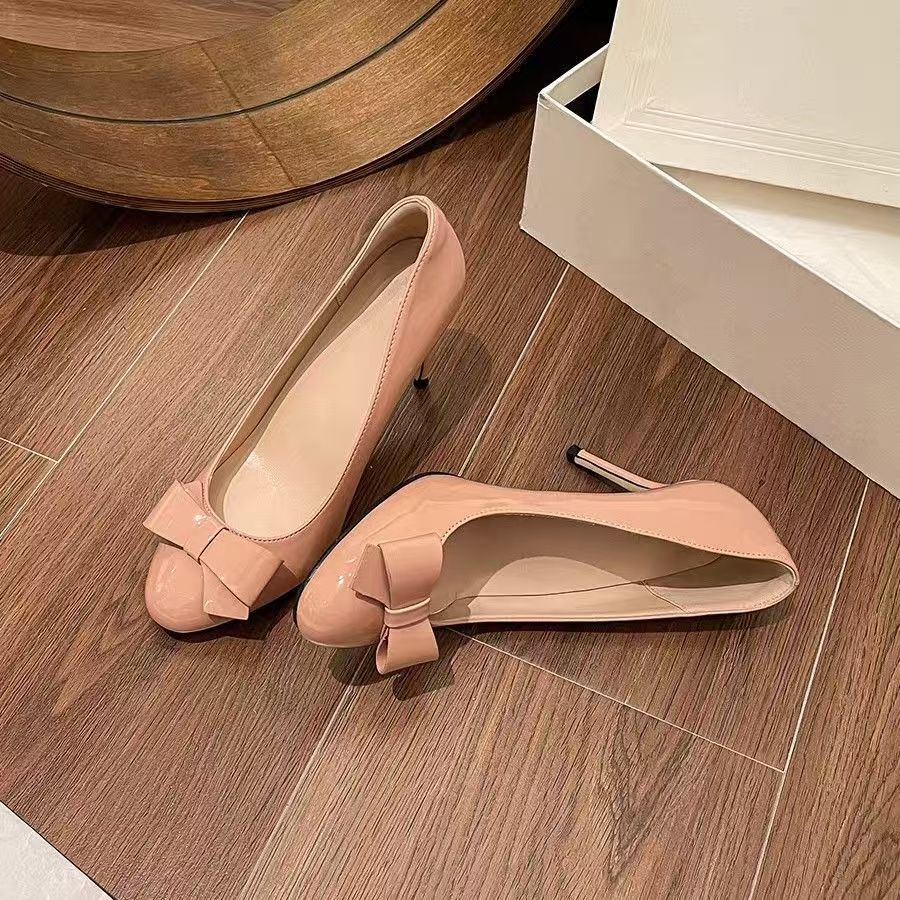 With professional shoes round head daily retro bow thin heel skirt spring and autumn British style high heel single shoes