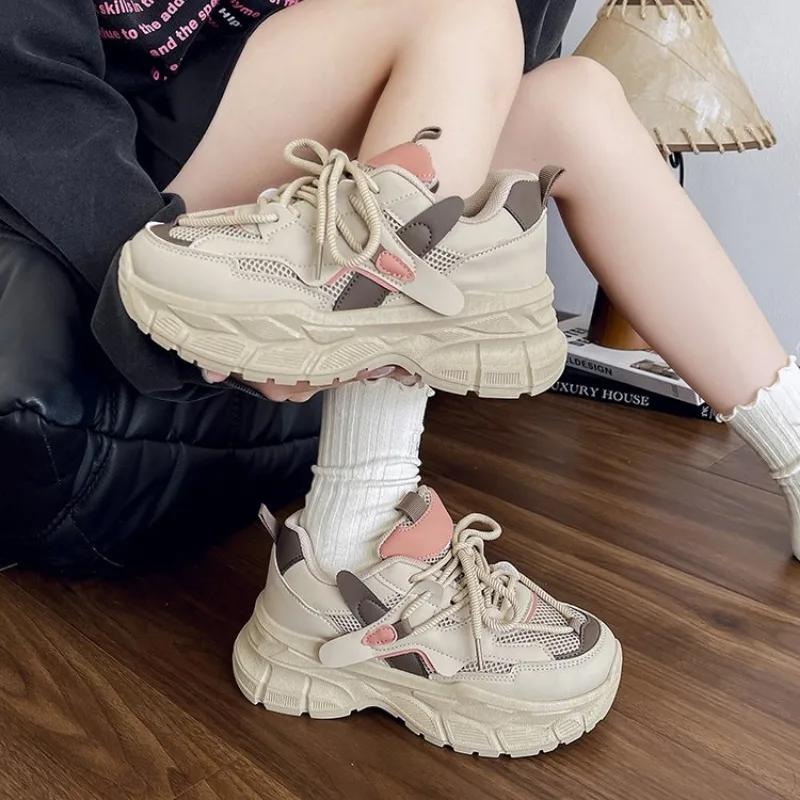 Women Trendy Color-blocked Brand Design Thick-soled Sneakers New Fashion Lace-up Mesh Breathable Tennis Shoes Mujer Zapatos