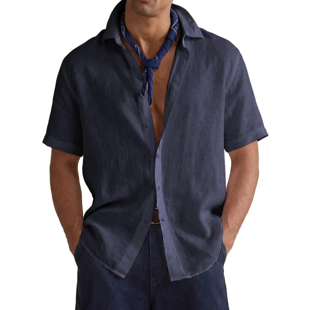 Men's Casual Button-down Loose Short-sleeved Shirt - Men's Plain Cotton Breathable Shirt Top