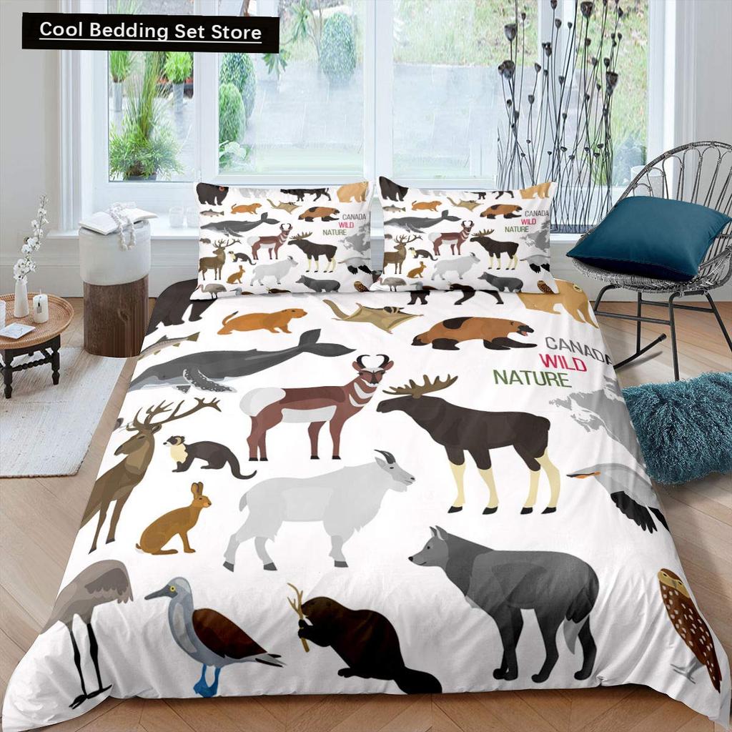 Kids Cartoon Animal Zebra Giraffe Fox Kangaroo King Queen Duvet Cover Boy Girl Rabbit Wildlife Bedding Set Polyester Quilt Cover