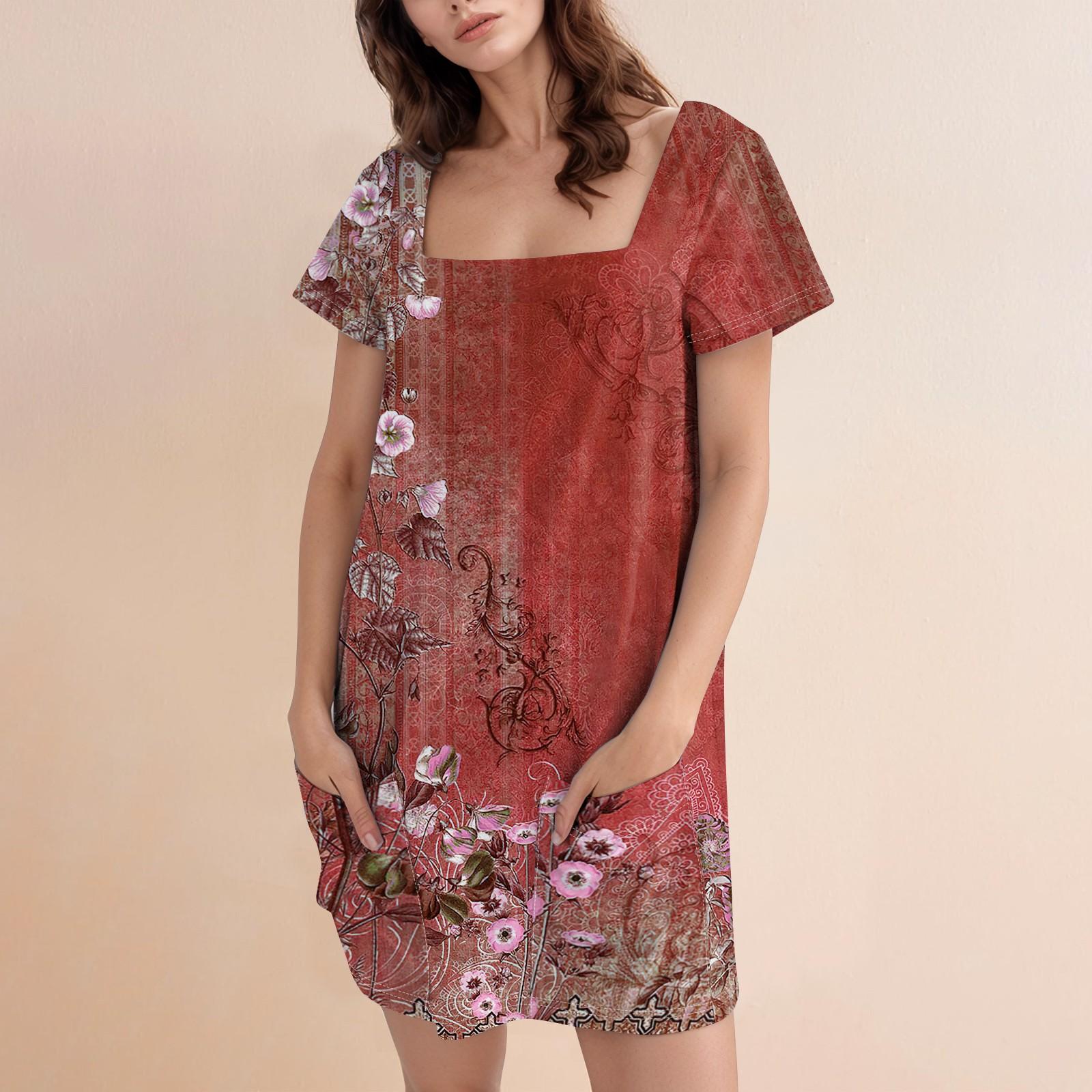 

Women s Fashion Casual Print Square Neck Short Sleeve Short Dress M