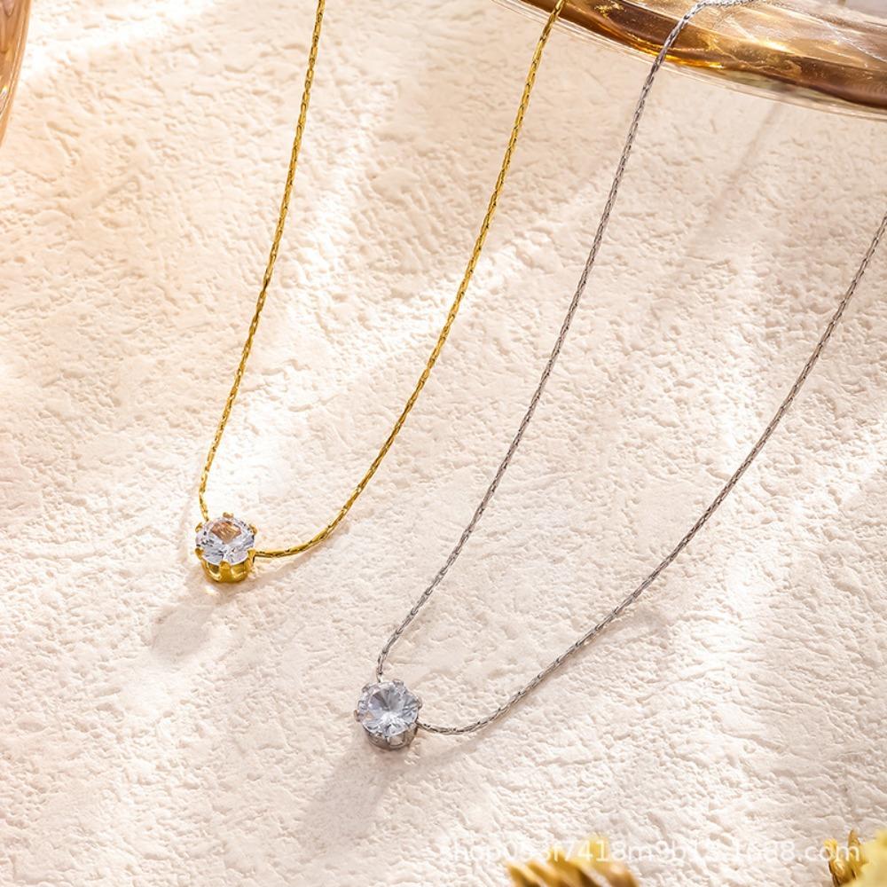 Minimalist Solitaire Zircon Charm Necklace Anti Tarnish Stainless Steel Chain Round Clear Cz Stone Necklace