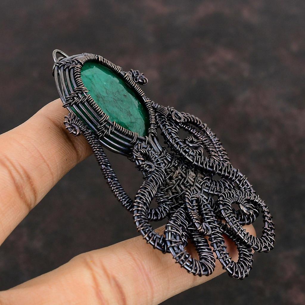 Faceted Zambian Emerald Copper Pendant Copper Wire Wrapped Gemstone Pendant Handmade Octopus Pendant Copper Wire Wrap Jewelry Gift For Her