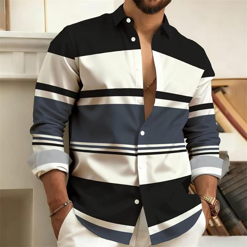 

Autumn Winter Men Long Sleeve Stripe Long Sleeve Shirt Tops 3XL