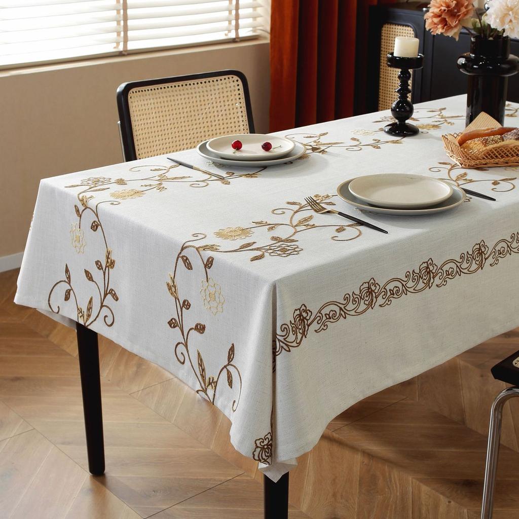 Country Tablecloth Striped Embroidery Flower Linen Heavy Duty Cover Kitchen Dining Table Cloth Home Textiles
