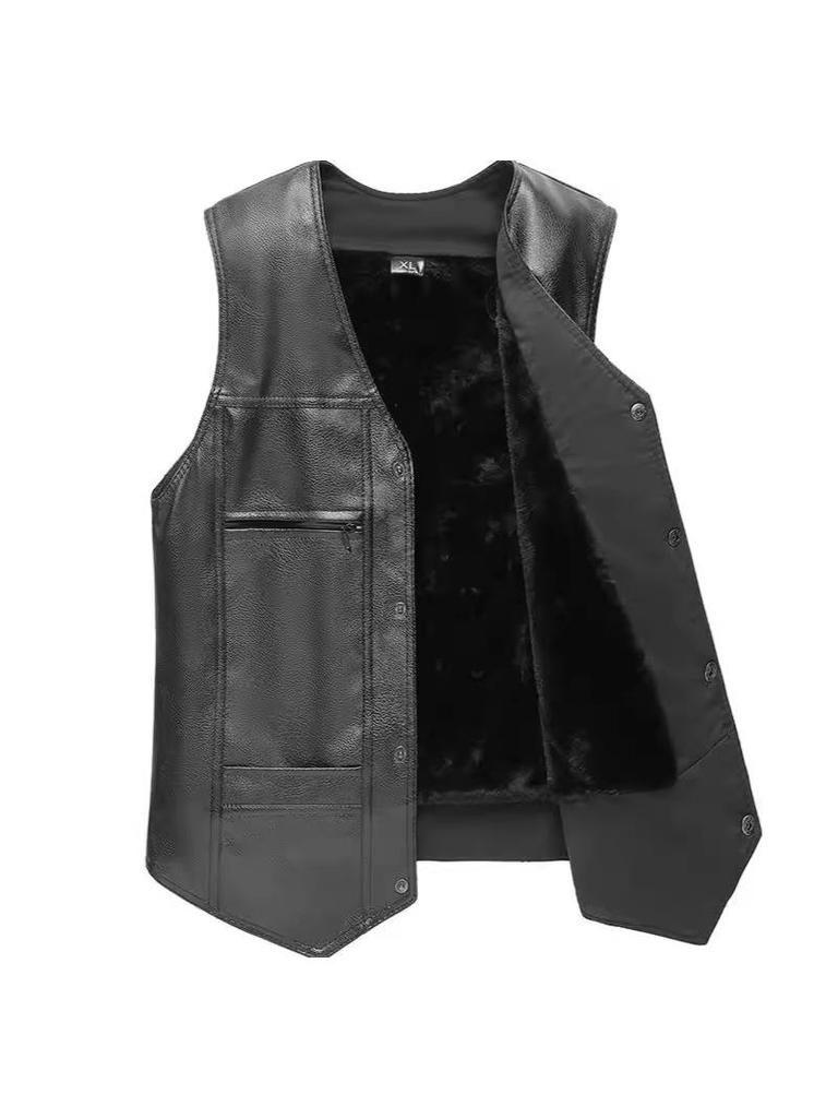 Men's Winter Leather Vest with Sloping Shoulder and Plus Velvet, Casual Warm Plus Size Waistcoat
