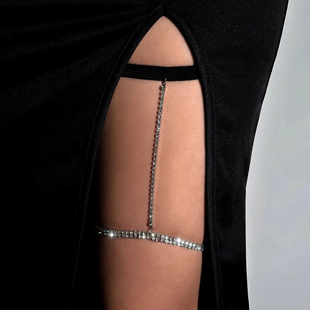 Sexy Shiny Rhinestone Elastic Band Leg Chains for Women Summer Bikini Adjustable Bandage Thigh Chain Nightclub Body Jewelry New