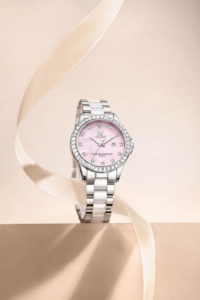 OLEVS Women's Watch Shell Dial Ceramic Diamond Date Waterproof Luminous For Work/School Girl With Bracelet Pink