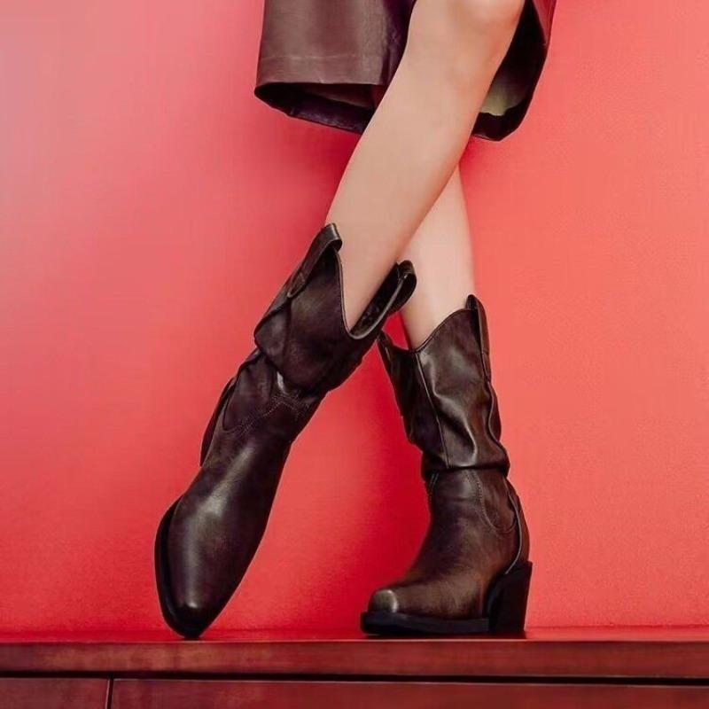 Retro Pointed-toe Mid-calf Knight Boots, New Slimming Boots, Dui Dui Boots, Chunky-heeled Women's Shoes