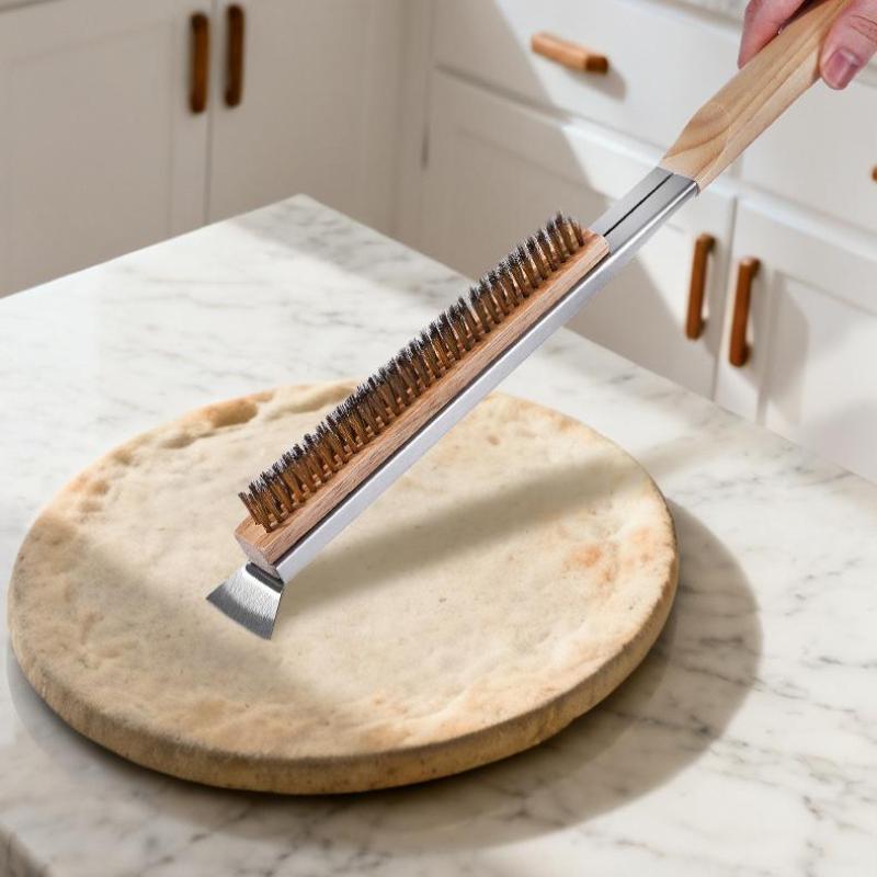 1 Pcs Portable Pizza Oven Long Wood Handle Cleaning Brush Easy Cleaning Hard Bristles Grill Brush For Pizza Oven Grill Cleaning