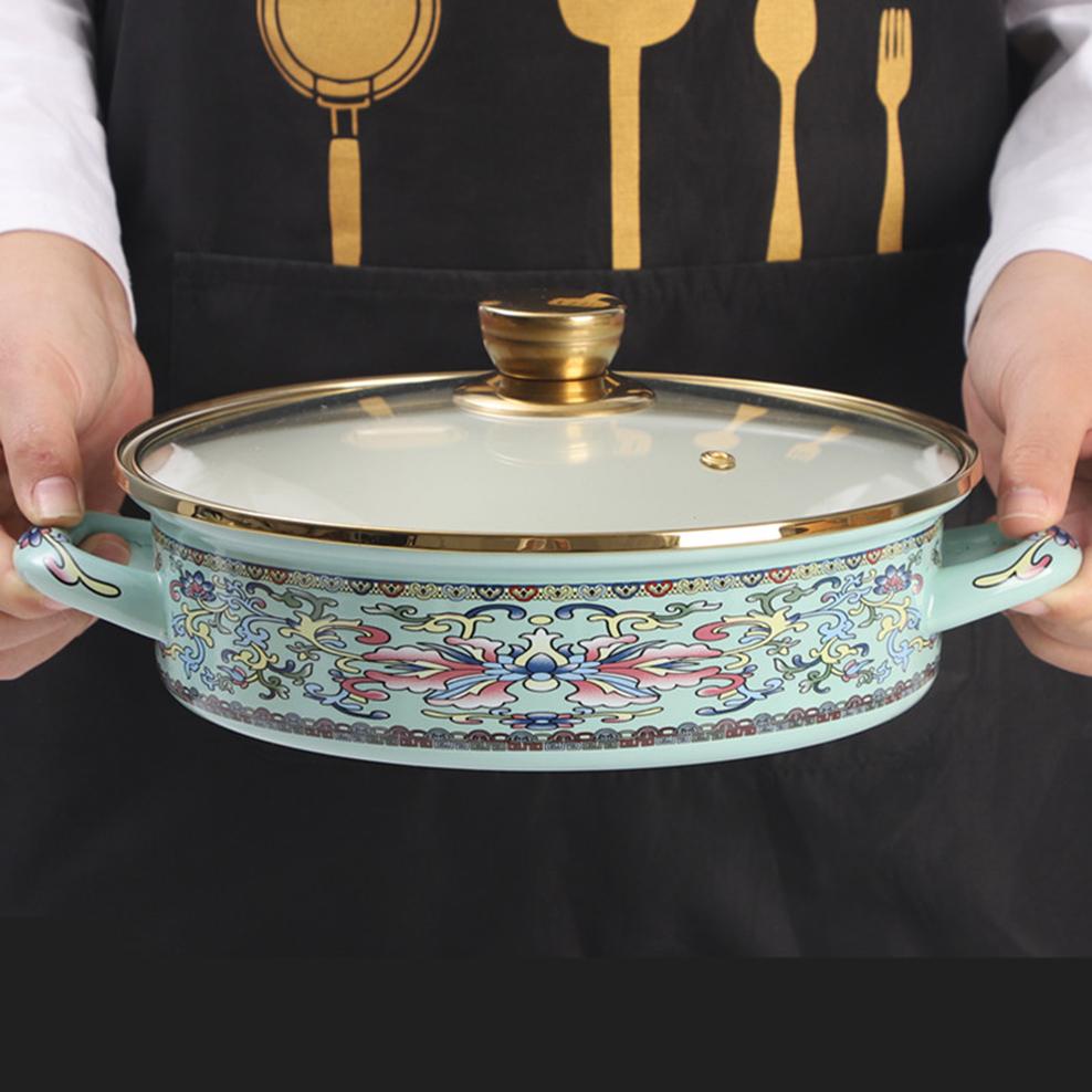 

Porcelain enameled soup pot, Double-ear glass lid stew pot, High-capacity flat pan with lid, Noodle seafood pot, 1.6/2.6L 22CM