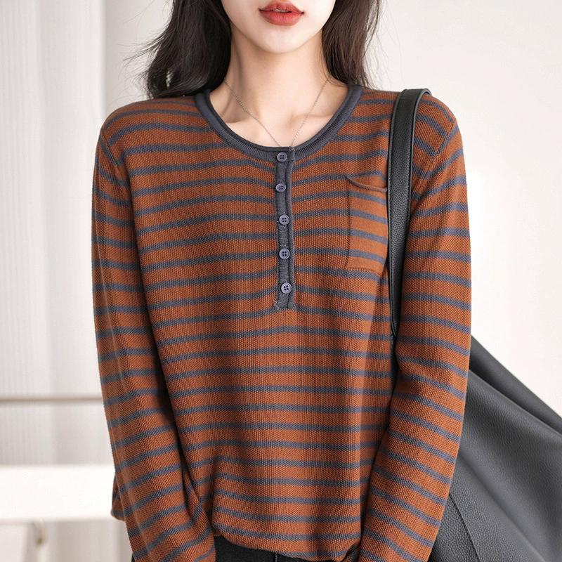 Women's Long Sleeve Striped Knit Sweater Loose Casual Round Neck Bottom Shirt