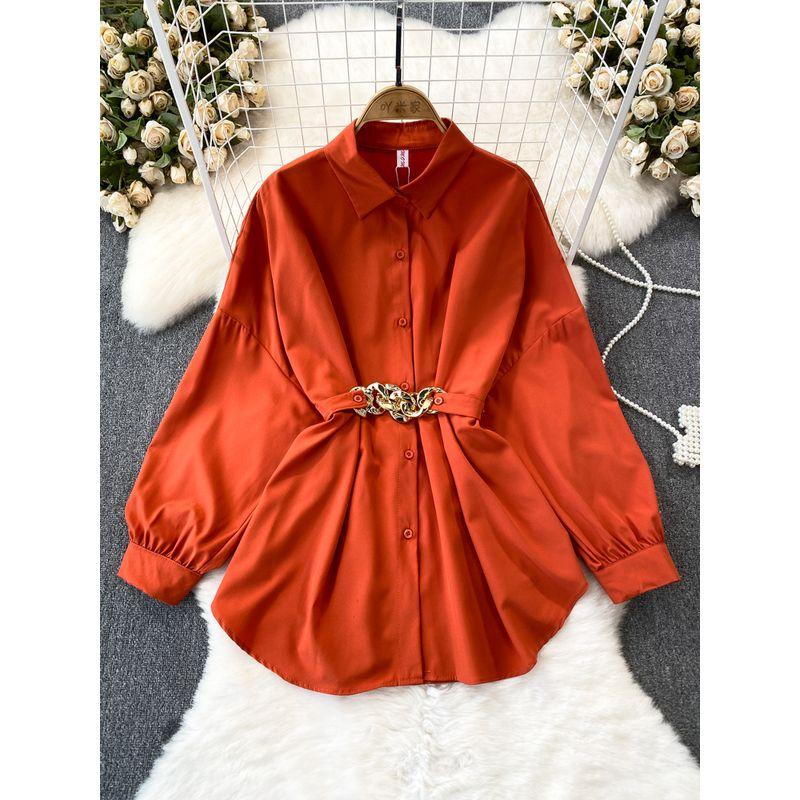 

Chic Spring and Autumn Loose Single-Breasted Casual Shirt Dress Orange color One size