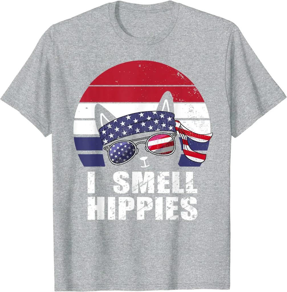 I Smell Hippies American Patriotic Cat Hiphop T-Shirt for Men Women Casual Cotton Daily Four Seasons Tees Graphic T Shirts