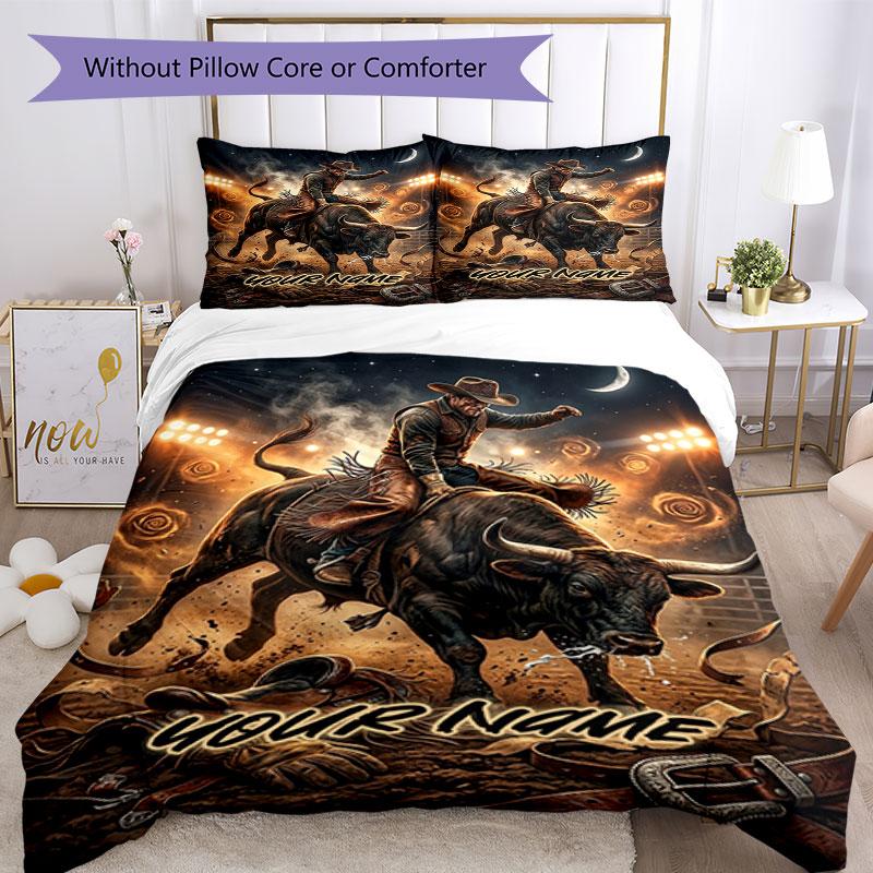 3PC Custom Name Rodeo Night Adventure Bedding Set Duvet Cover Closure Includes 1 Duvet Cover & 2 Pillowcases for Bedroom