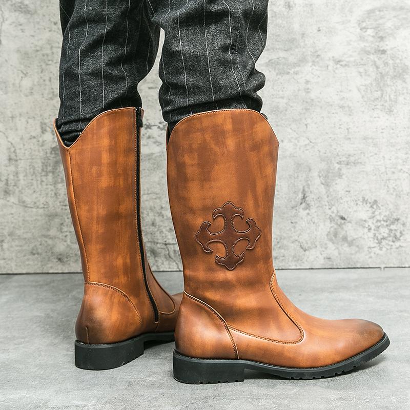 Høye menn, vestlige cowboystøvler, motorsykkel, fritidsstøvler, brune, punkstøvler i skinn Street Style, støvler i større størrelse