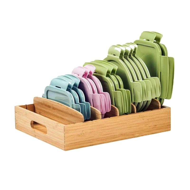 Kitchen Countertop Storage Rack for Pot Lids, Cutting Boards and Trays, Wooden Tiered Holder with Open Access and Vertical Space Saving Layout