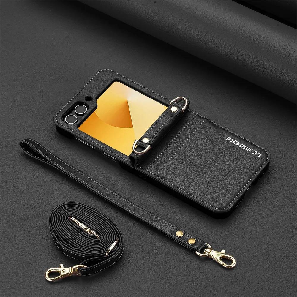 Crossbody Wallet Case For Samsung Galaxy Z Flip 6 5 4 3 Flip6 Flip5 Flip4 Flip3 5G Card Holder Hand Strap Lanyard Leather Cover