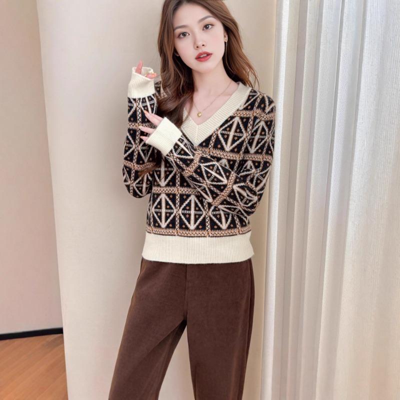 Automne Hiver Col V Patchwork Diamant Pull Décontracté Ample Femme Tricot Vintage Haut Pull de Fond