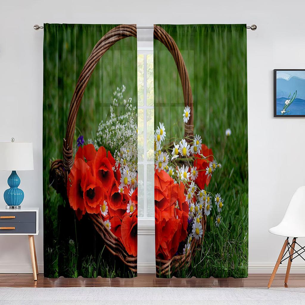 Blommande Träd Körsbärsblom Lila Gul Vita Blommor Skir Voilegardin för Vardagsrum Sovrum Inredning Tyllgardiner Draperier