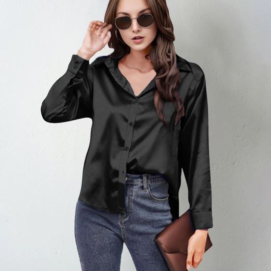 Women Shirt Lapel Long Sleeve Smooth Satin Shirt Tops Solid Color Loose Fit Casual Shirt Office Lady Shirt Daily Wear