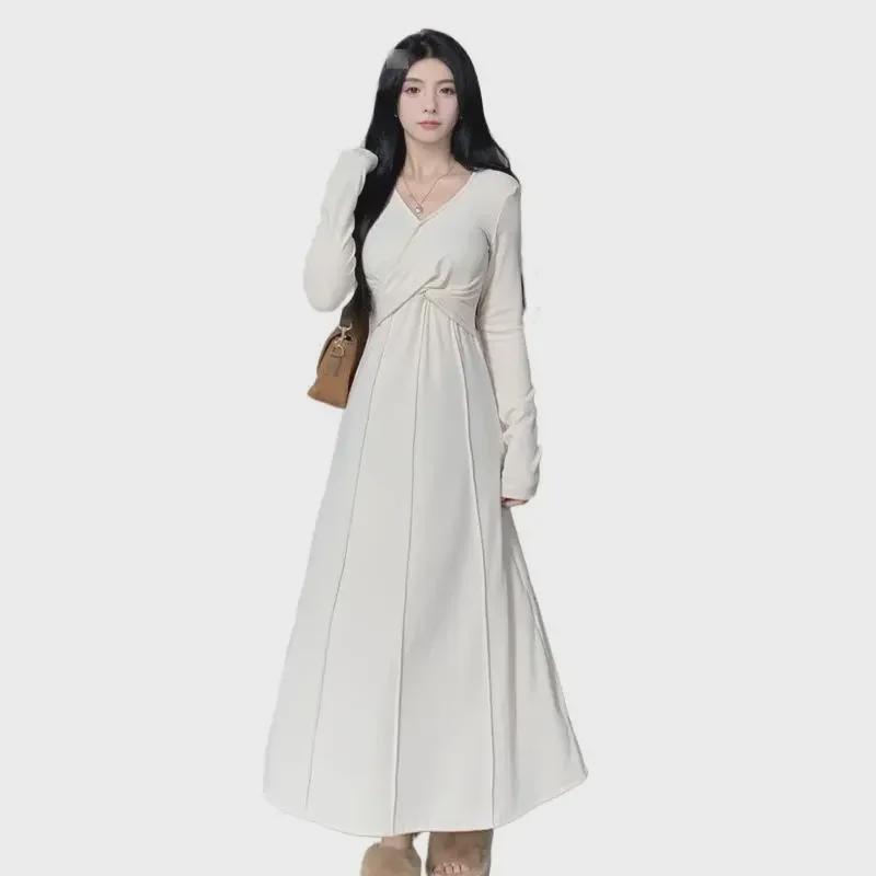 Rochie tricotată franceză cu decolteu în V pentru femei, mărime mare - fustă lungă de toamnă, talie subțire