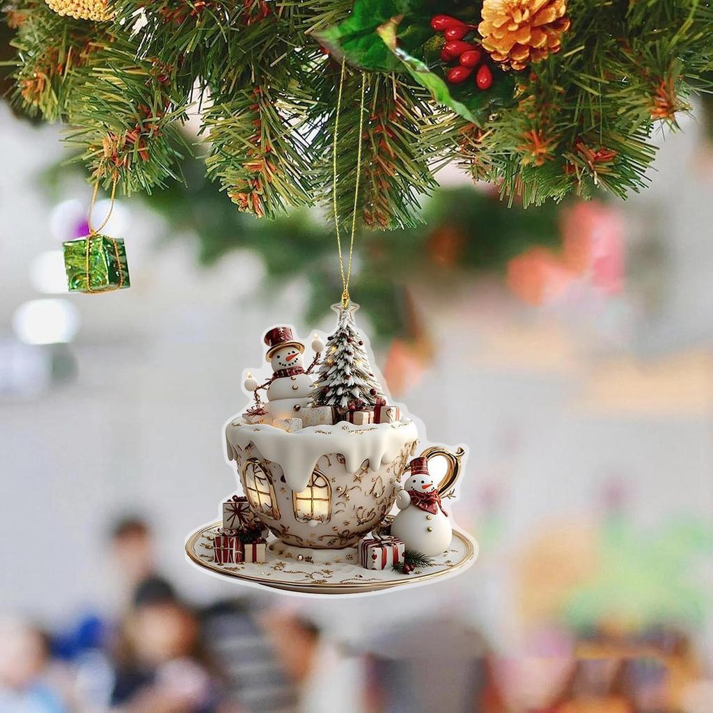 Acrylic coffee cup ornament 2D Art Keychain Pendant Christmas Snow House Pendant Decoration Christmas tree Ornaments