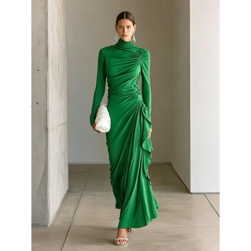 Women Solid Pleated Long Sleeve Fitted Bodycon Elegant Evening Long Dress