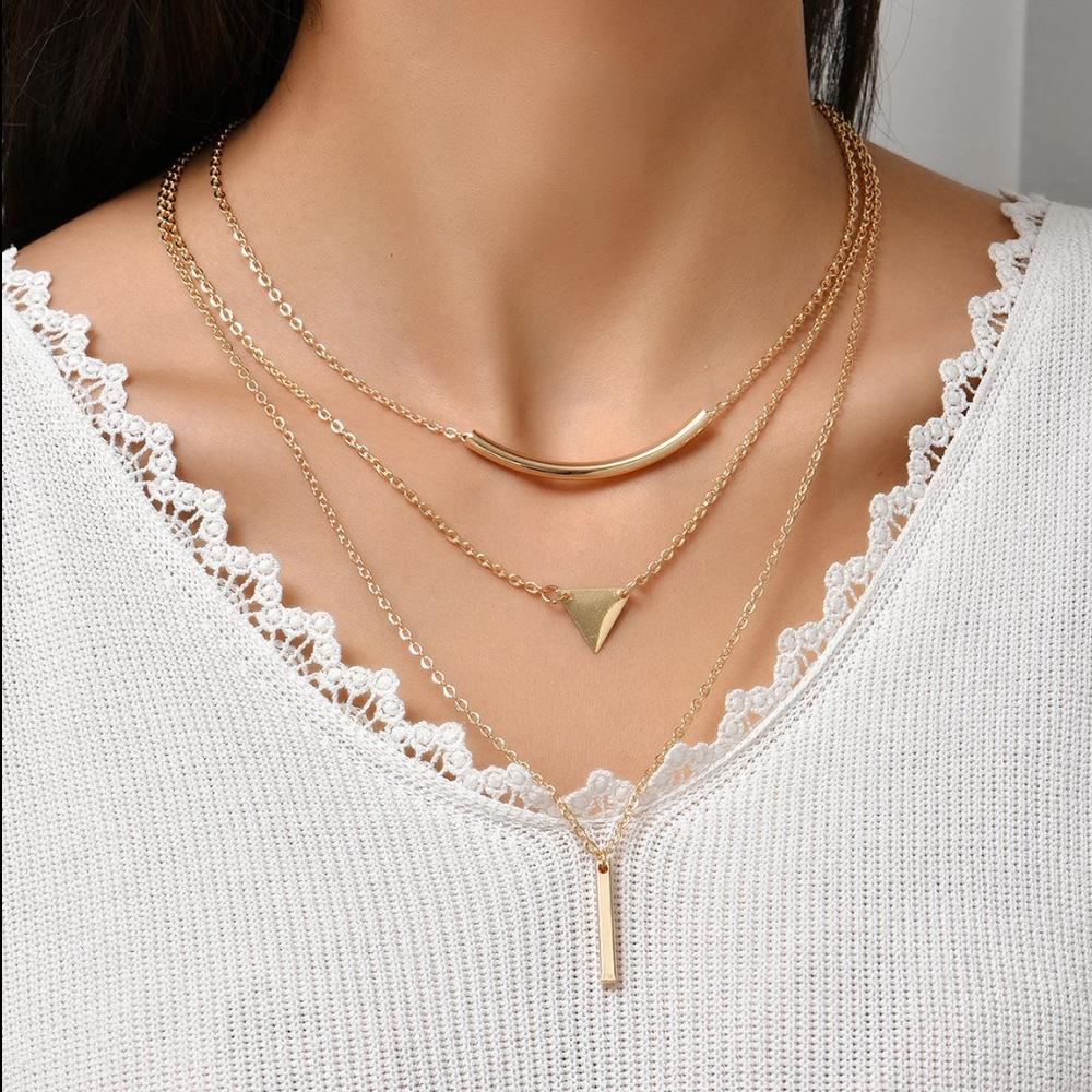 European and American new necklaces, multi-layer triangular neck chains, women's fashion metal elbow necklaces, creative stick pendants
