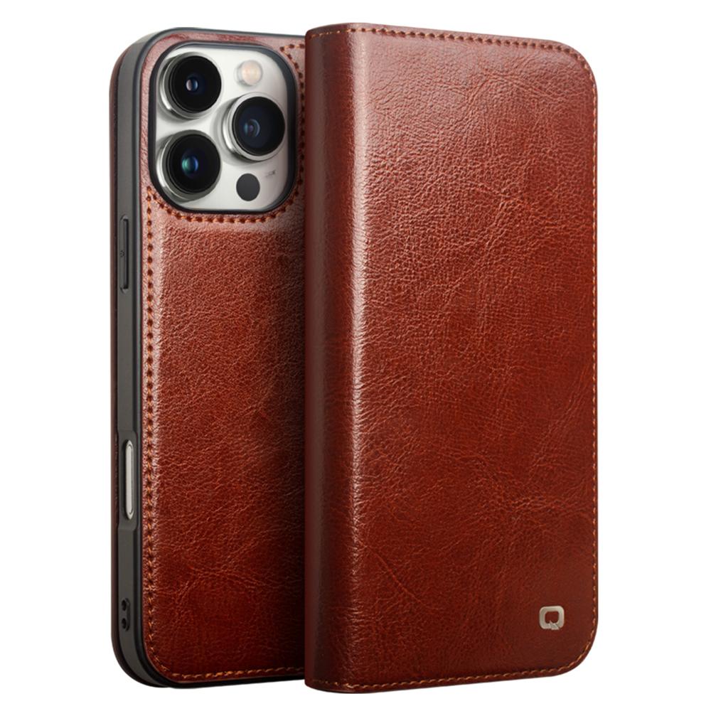 

QIALINO For iPhone 16 Pro Case Genuine Cow Leather Phone Cover with Card Holder Brown