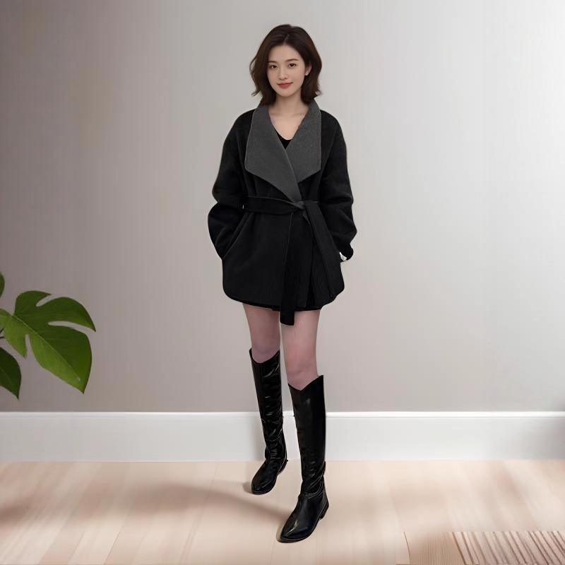 

Женское двустороннее шерстяное пальто средней длины в корейском стиле с большим лацканом для осени и зимы.