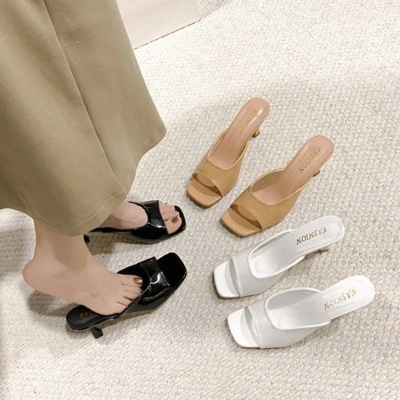 2024 Summer New Women Shoes Fashion Square Head Thin High Heel Sexy Slippers  sandals Zapatos De Mujer sandalias