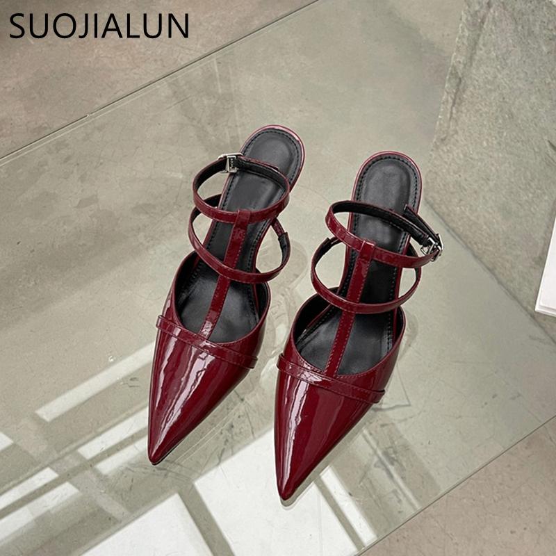 Mode SUOJIALUN 2025 Frühling Neue Spitzschuh Damen Sandale Mode Knöchelriemen Dünner Hoher Absatz Damen Elegante Pumps Kleid Slingback Schuhe