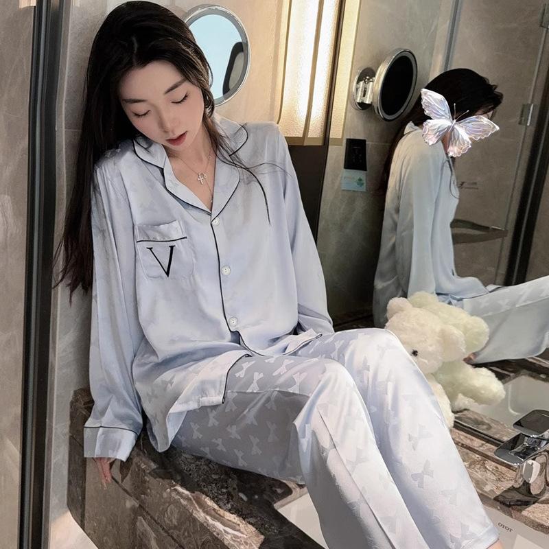 Japanese Simple Style Solid Color Summer Can Wear Long-Sleeved Trousers Lapel Loungewear Imitation Silk Pajamas