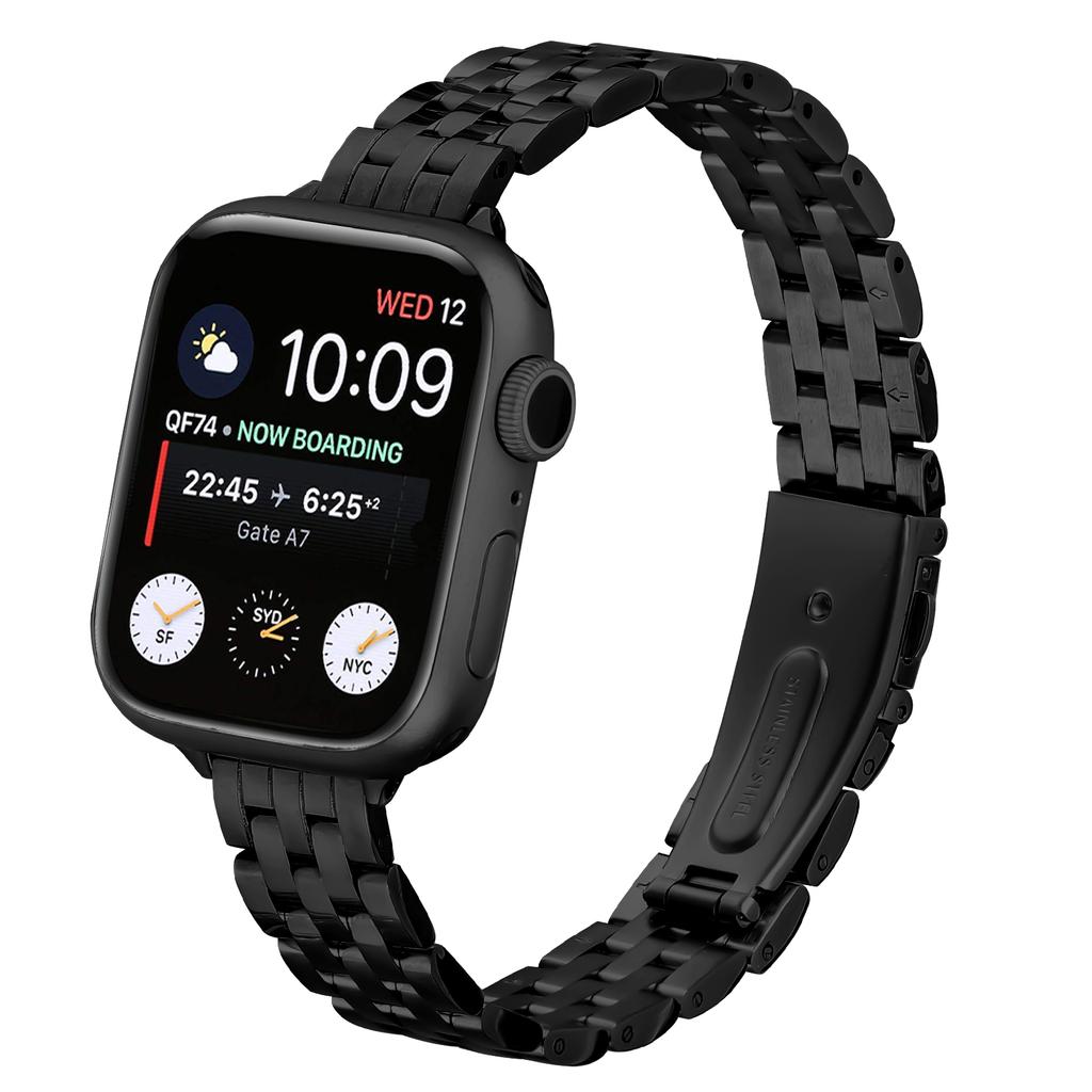 Watch Band For Apple Watch Series 10 9 8 7 SE 6 5 4 3 2 1 42mm 41mm 40mm 38mm Slim Five-Bead Stainless Steel Black Strap